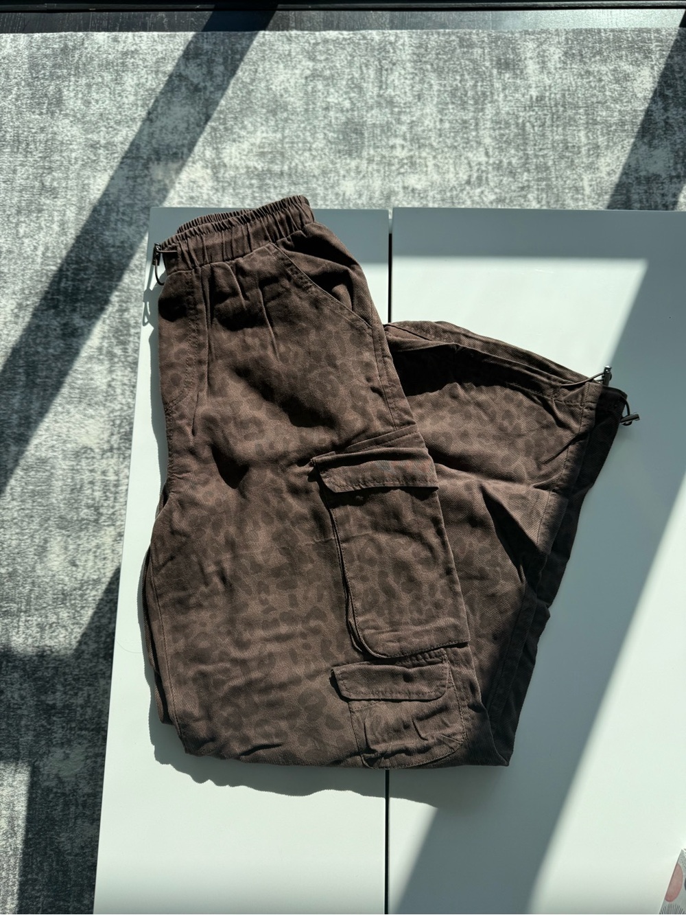 Women’s Brown Cheetah Print Cargo Pants - Elastic Waist Utility Trousers